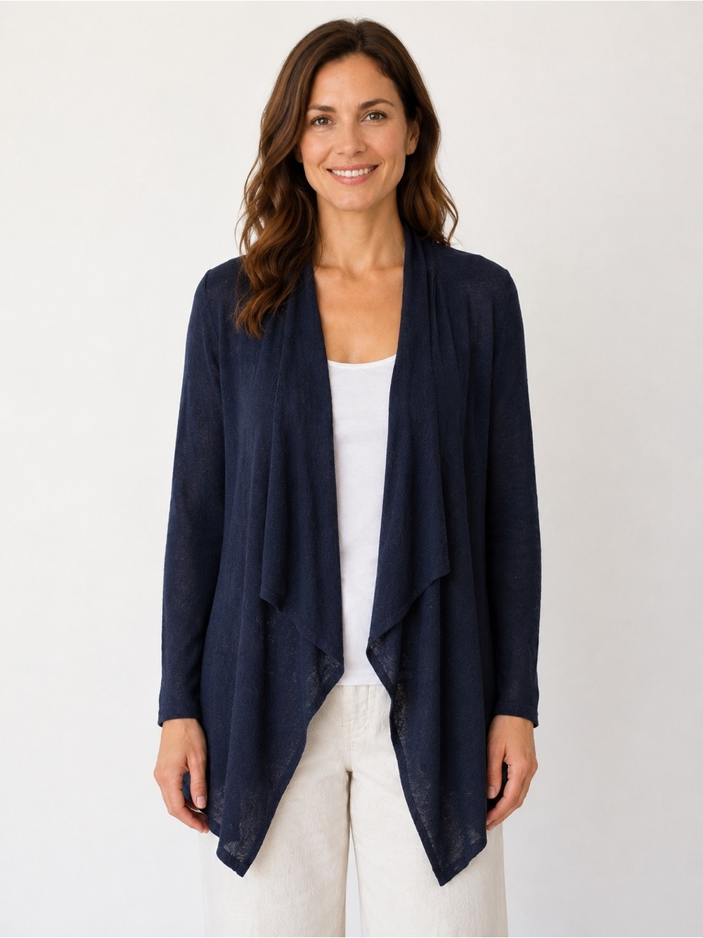 Verve Ami 100% Linen Open Front Cardigan Navy Blue Lightweight Layering Size L